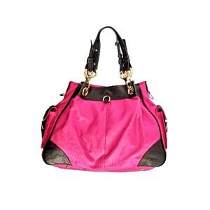 BOBBY SCHANDRA Dallas Pink Canvas Shoulder Bag Brown Leather Trim Gold Purse